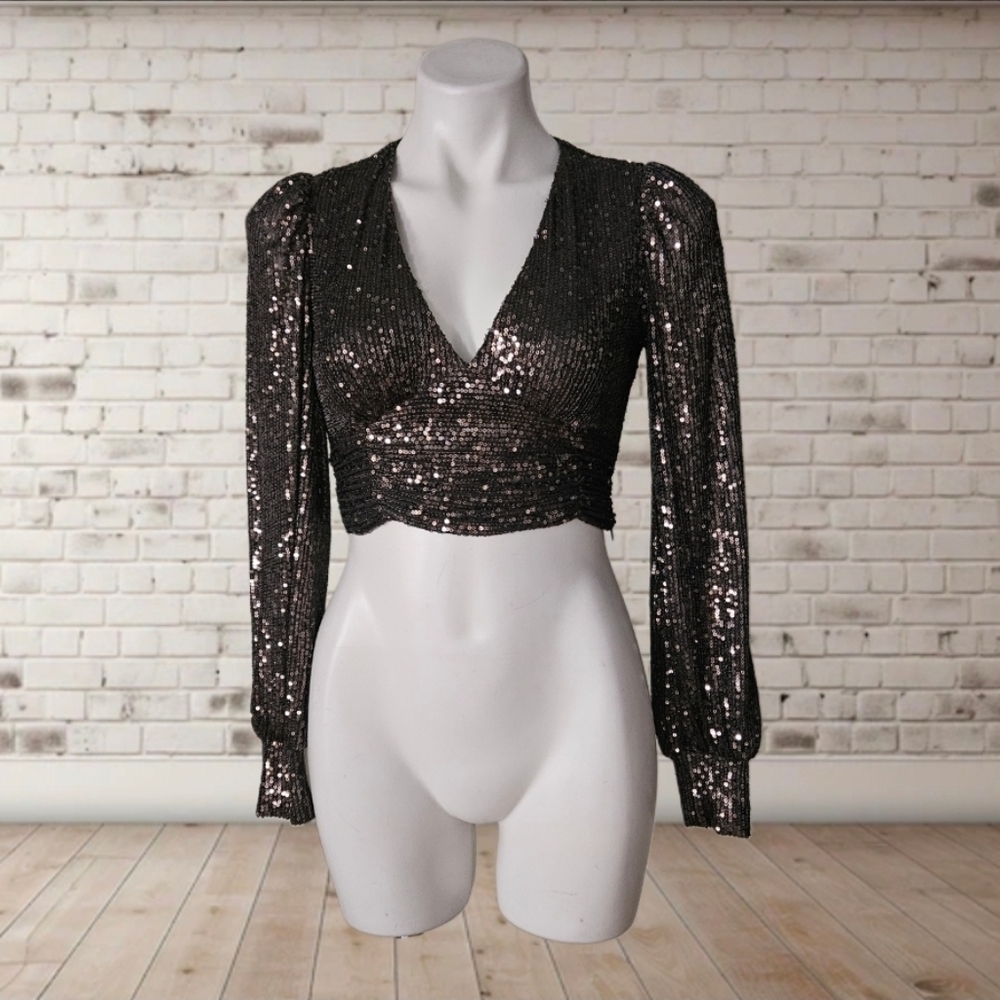 Sincerely Jules Sequin Ruched Crop Blouse Small